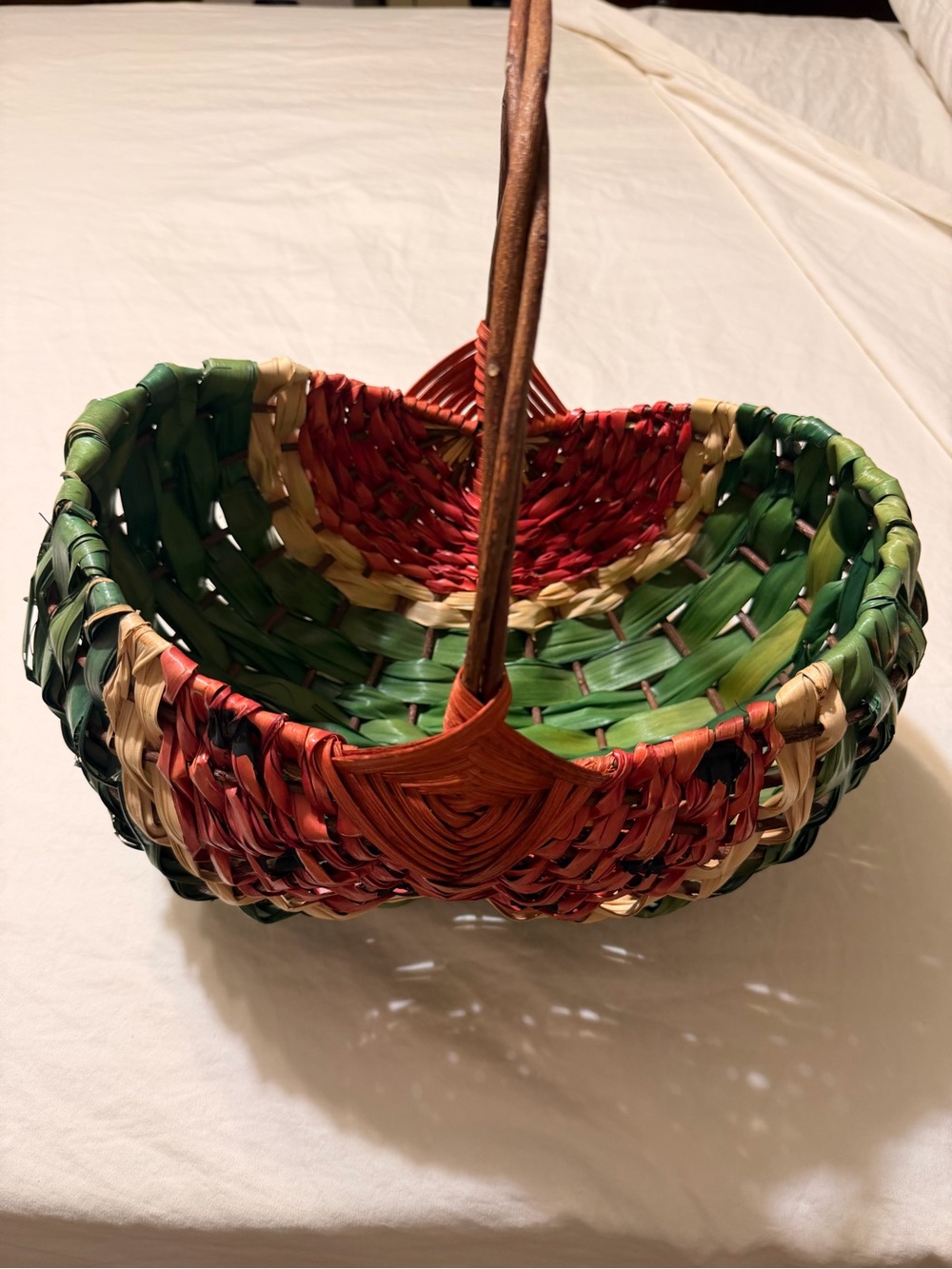 Handwoven Multicolor Watermelon looing Decorative Basket - Red, Green, Cream